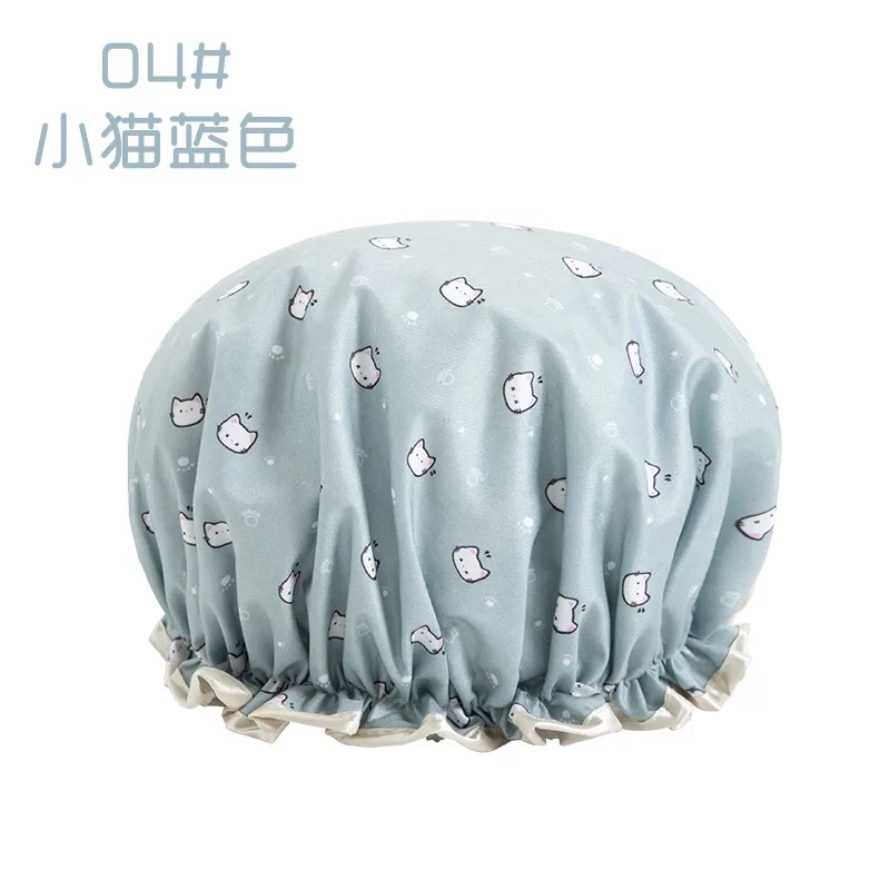韩版波点印花浴帽色丁布淋浴帽双层防水浴帽洗头帽防油烟帽子 三维工匠 小猫蓝色高清大图
