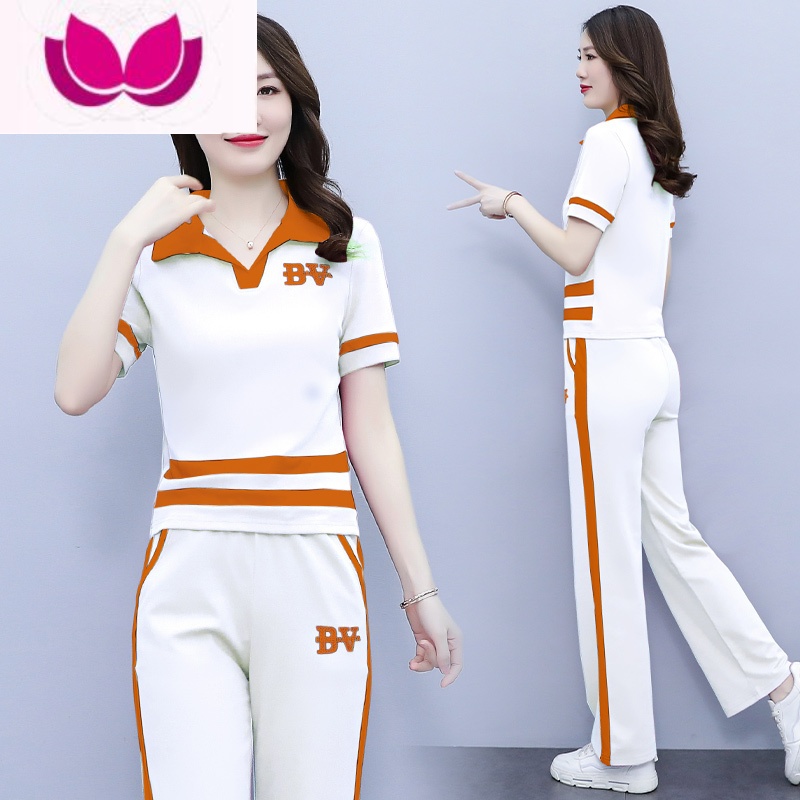 七斓运动服套装女夏款时尚洋气时髦2023夏季新款小个子网红减龄套 白拼橘长裤 3XL