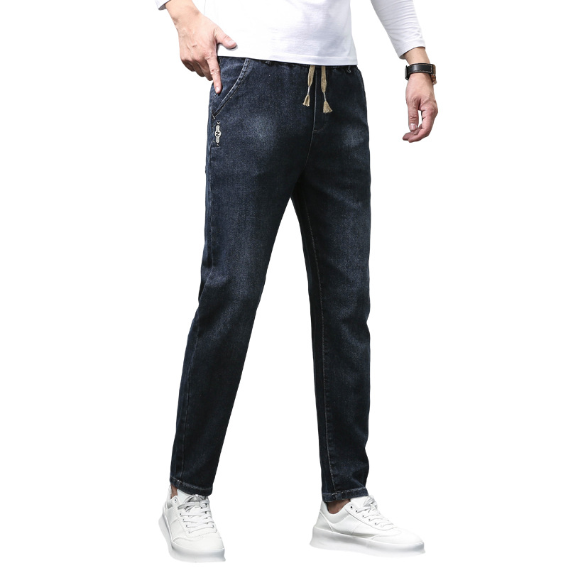 大码男装秋冬新款潮牌棉质弹力修身时尚加肥加大松紧腰男士牛仔裤高清大图