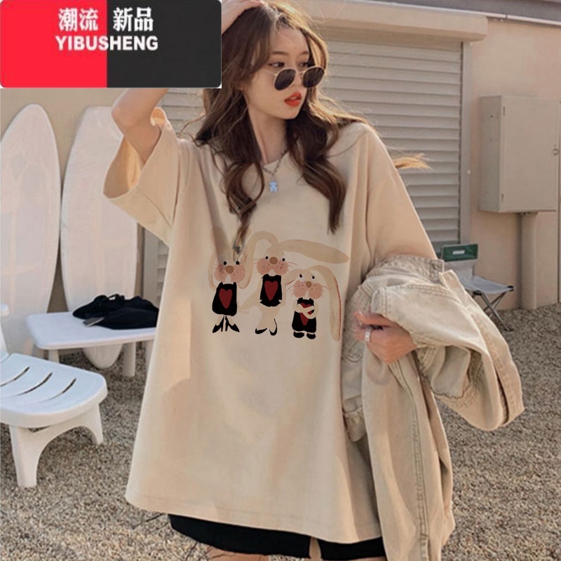 YIBUSHENG趣味卡通t恤女港味chic大码设计感短袖复古慵懒风ins潮上通高清大图