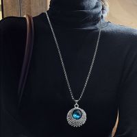 复古长命锁项链民族风百搭男女长款毛衣链鱼吊坠圆珠链衣服配饰品 蓝宝石(钛钢链)