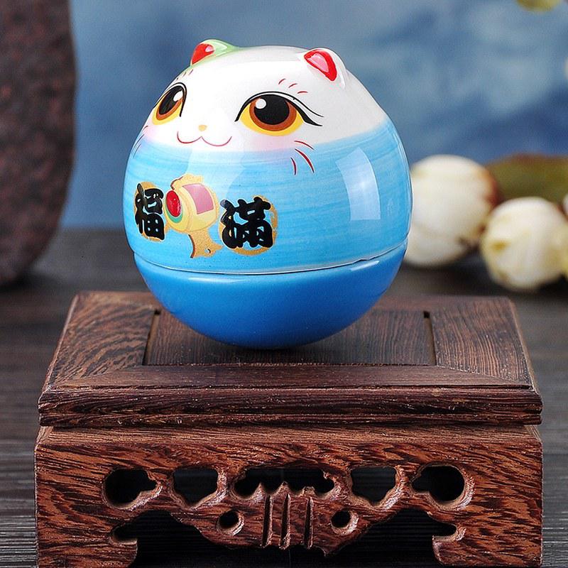 猫不倒翁陶瓷摆件家居办公摆饰生日七夕送女朋友 三维工匠 SC53208祈願幸福不倒翁-粉猫高清大图