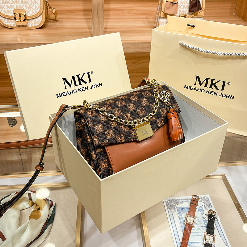 MKJ专柜正品真皮女包2023新款高级感链条手拎包百搭拼色斜挎单肩小包包