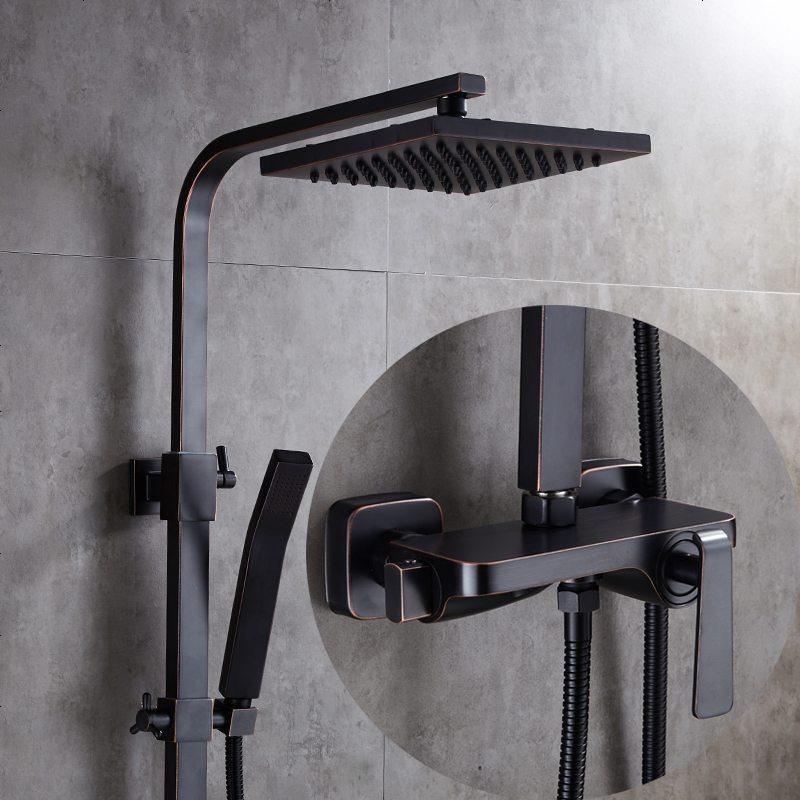 欧式卫生间淋浴器浴室黑色铜龙头花洒套装增压手持喷头冷热双控d款