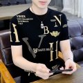 夏季新款冰丝短袖T恤男士圆领潮牌薄款上衣服修身体桖衫 5XL 046-黑色