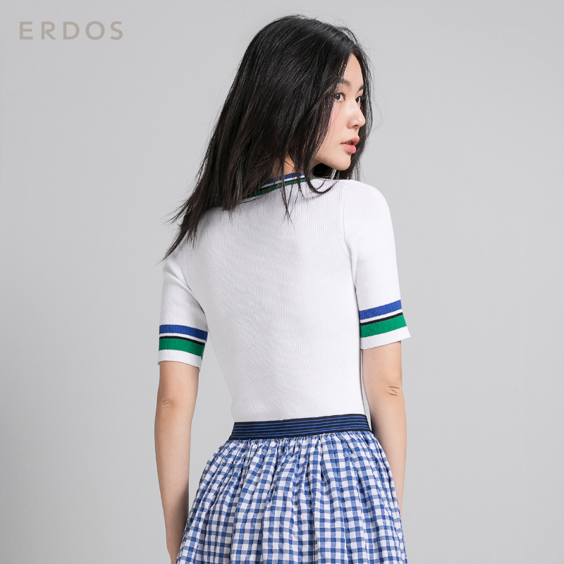 鄂尔多斯ERDOS 春夏女装撞色条纹圆领螺纹半袖纯棉针织衫女