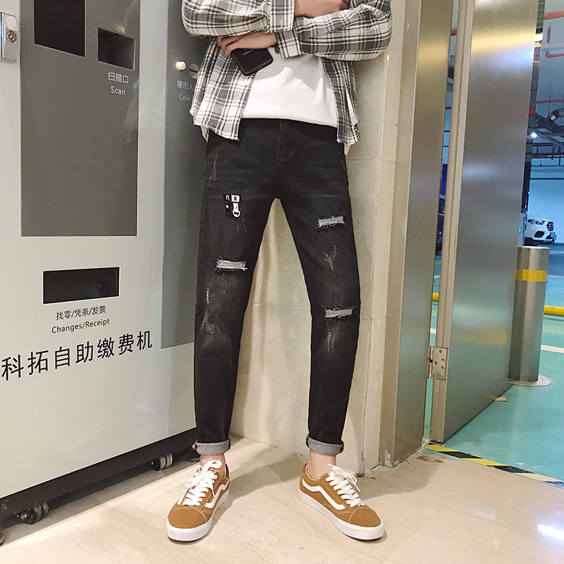 2018春夏新品个性青年破洞九分裤潮男款修身牛仔裤夜店潮型师