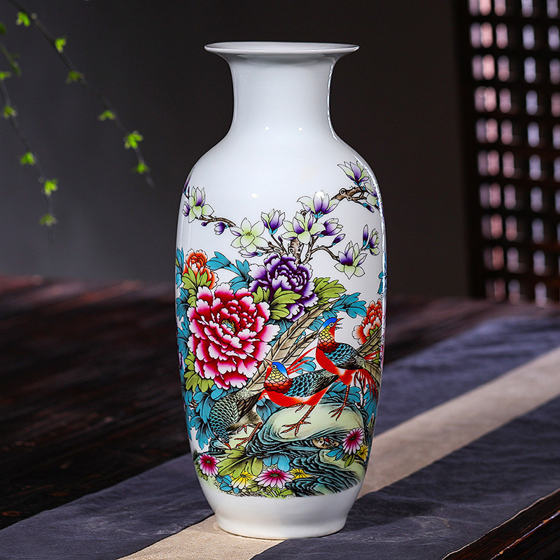 瓷物语工艺品摆中式花瓶件仿古现代新花插客厅家居装饰山川秀色冬瓜瓶送底座