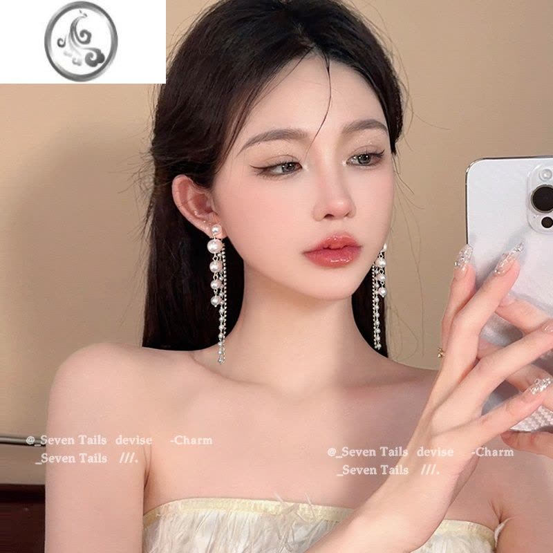 JiMi珍珠流苏耳环2023年新款高级设计感轻奢气质耳坠耳钉耳饰女夏图片
