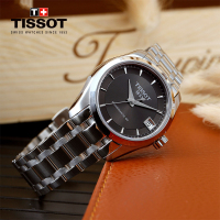 天梭(TISSOT)瑞士手表 库图系列烟灰色表盘日历窗格钢带女士机械表T035.207.11.061.00