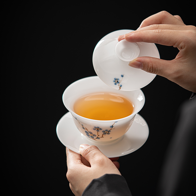 MULTIPOTENT功夫茶具三才盖碗手绘羊脂玉白瓷梅花薄胎瓷泡茶碗精美伴手礼盒