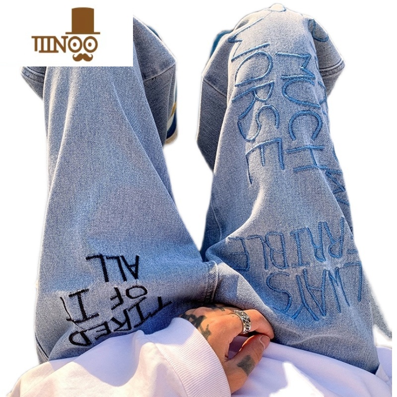 YANXU欧美vibe刺绣工装牛仔裤男潮牌ins美式高街嘻哈宽松阔腿拖地长裤高清大图