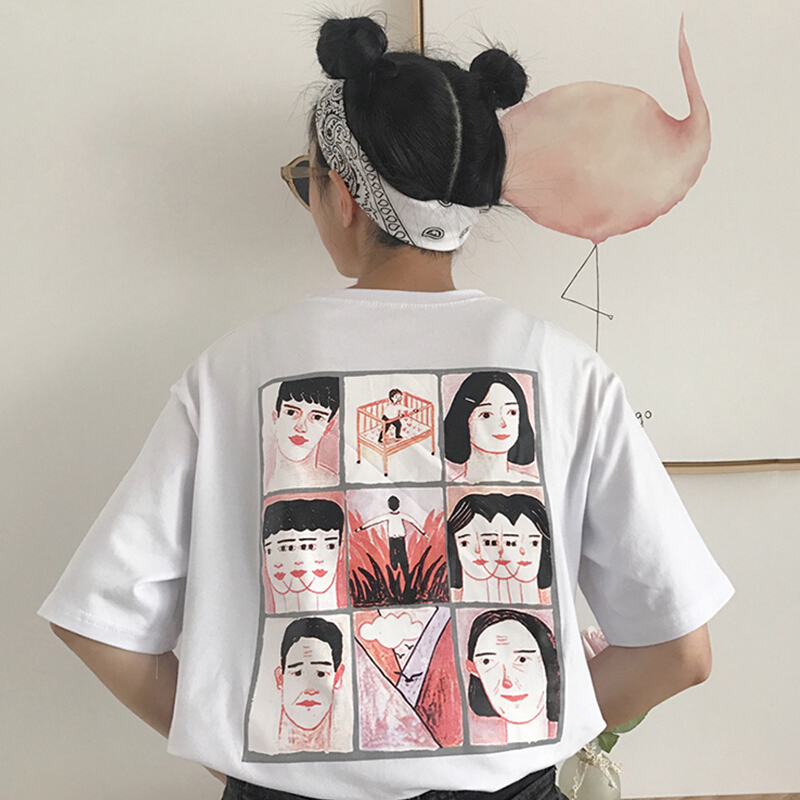 后背卡通头像短袖T恤女2018春夏新款韩版学生宽松打底衫上衣白色均码