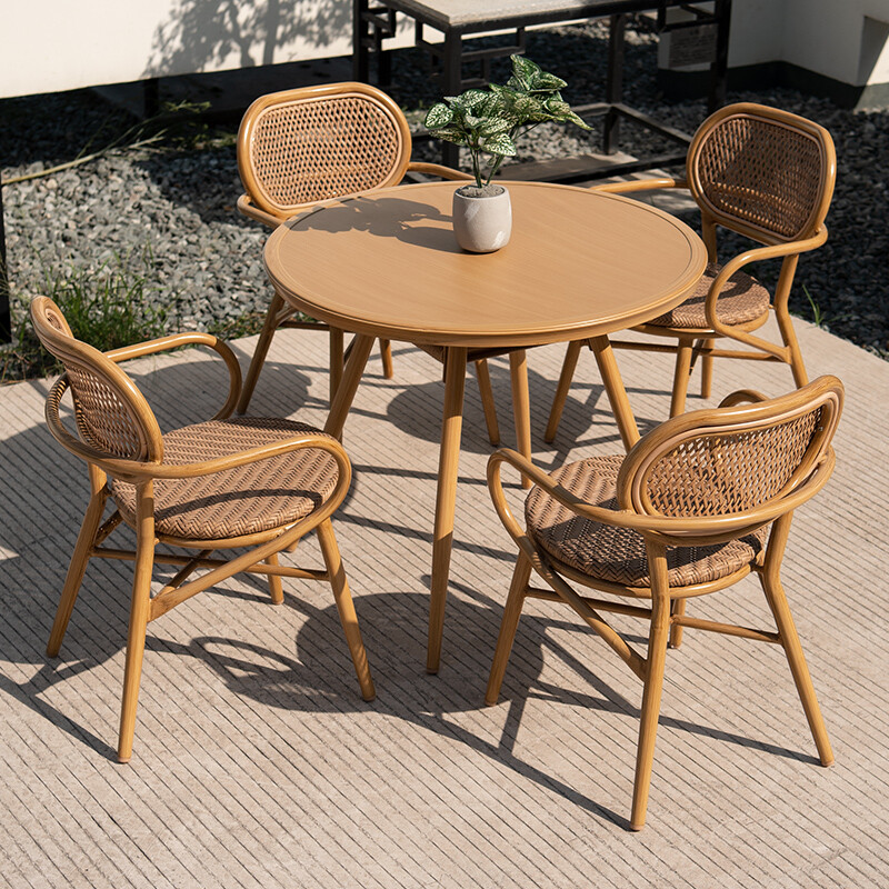 紫叶户外桌椅组合花园露天阳台室外藤编椅休闲庭院桌椅藤椅三件套 4【原木色有扶手椅】+【圆桌直径D90】