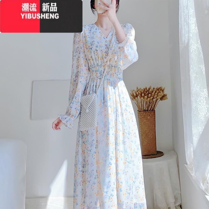 YIBUSHENG长袖/短袖 可盐可甜温柔风长裙仙气仙女森系V领雪纺碎花连衣裙图片