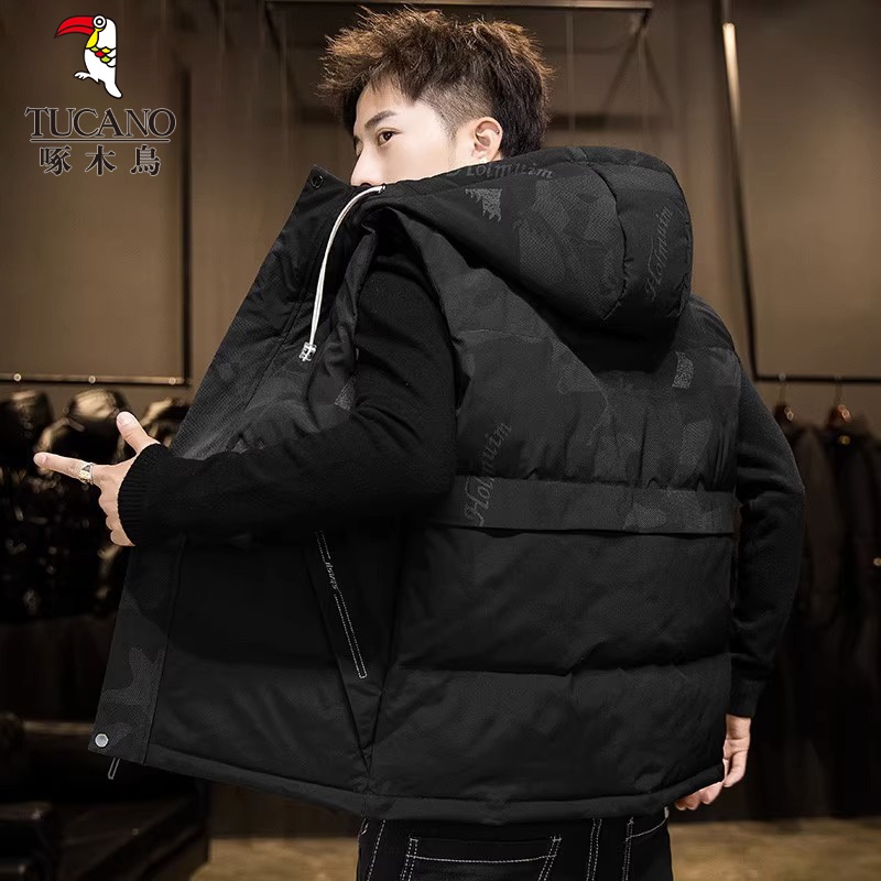 啄木鸟连帽羽绒马甲男士坎肩背心冬季新款潮牌加厚保暖马夹外夹马高清大图