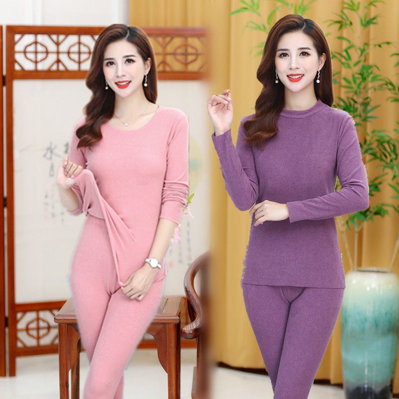 德绒无痕自发热保暖内衣套装女弹力美体恒温保暖中老年秋衣秋裤女 圆领红色(单条裤子) 4XL 建议130-145斤
