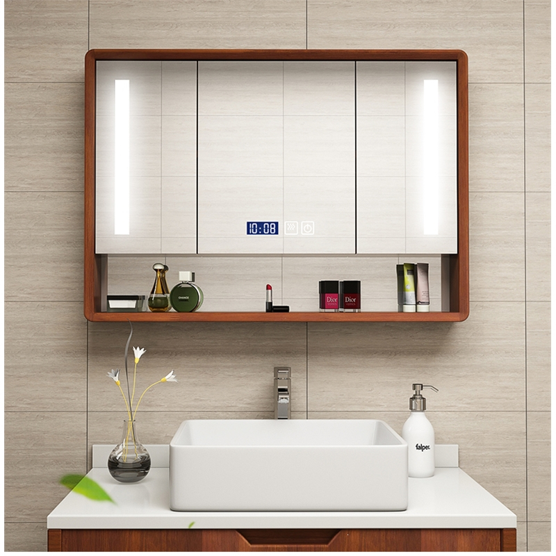 藤印象橡木智能浴室镜柜挂墙式镜前柜卫生间镜子带置物架除雾带灯单独