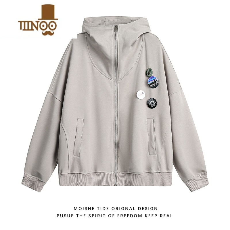 YANXUMOISHE TIDE美式街头拉链连帽开衫卫衣男女宽松百搭休闲灰色外套高清大图
