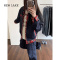 NEW LAKE美式复古飞行员藏青色假两件夹克女季小众设计感衬衫格子外套