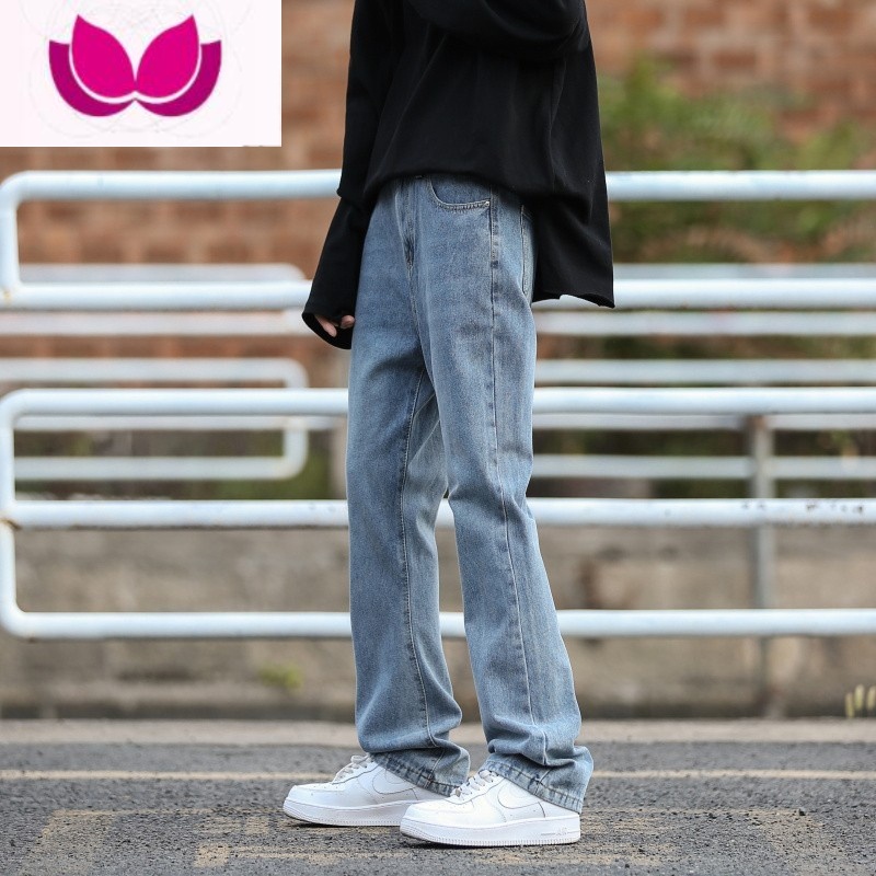 七斓浅蓝色美式复古水洗修身牛仔裤男潮牌直筒裤子vibe高街微喇裤