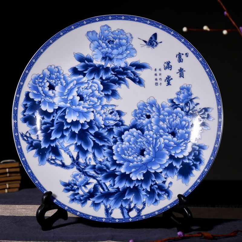景德镇陶瓷器 青花牡丹瓷盘子摆件 瓷盘看盘装饰工艺品 陶瓷盘画 三维