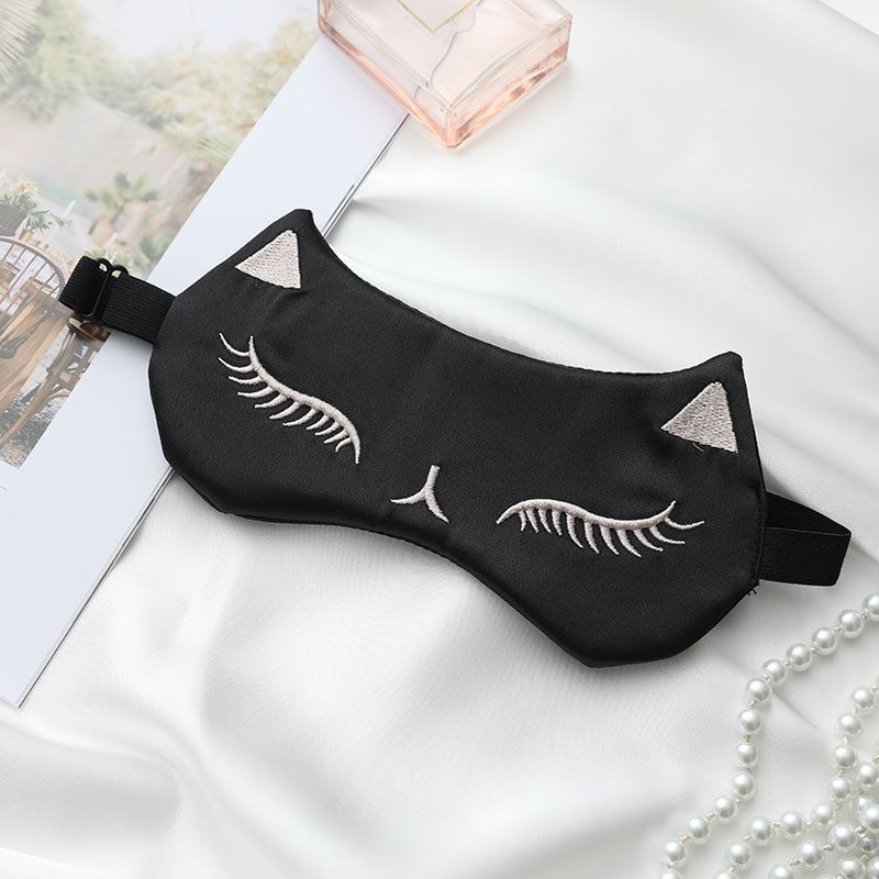 睡眠遮光透气眼罩女促睡眠真丝眼罩狐狸刺绣可调节送耳塞午休护眼黑色