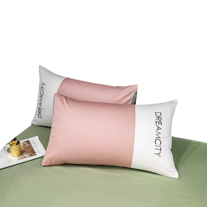 安居先森 D1600四件套 色拼高支高密全棉贡缎双人件套活性印染常用2米床粉色高清大图