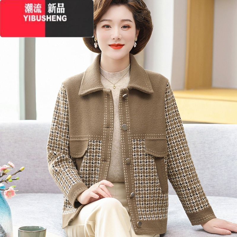 yibusheng小个子妈妈秋装短款外套洋气格子上衣中老年女春毛呢休闲