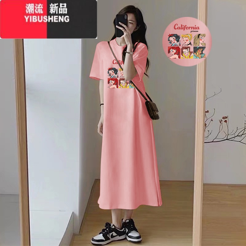 YIBUSHENG大码女装t恤连衣裙季长款过膝胖mm加肥遮肚子显瘦直筒长裙高清大图