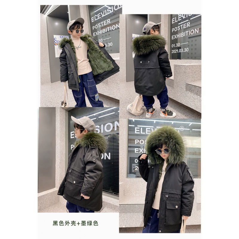 举翼王子男女中小儿童獭兔皮毛一体内胆派克服毛毛皮草外套中长款宝宝_14 120 黑色外壳+墨绿色