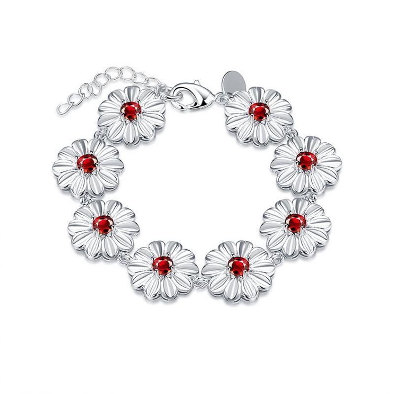 H495Women Silver Bracelet女生饰品红水晶花朵手链镀925纯银复古送女朋友七夕情人节礼物