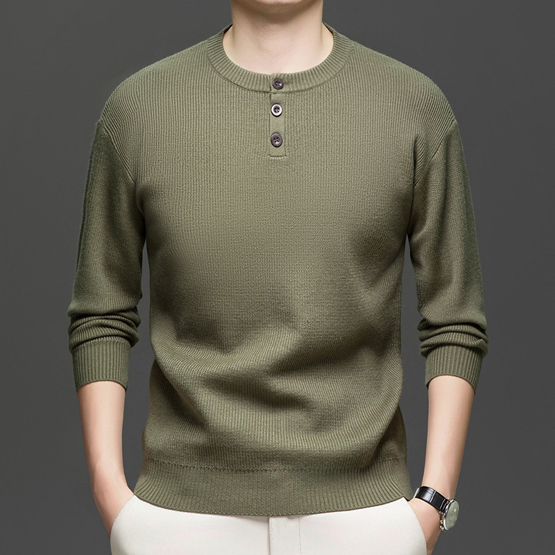三粒扣圆领毛衣男秋季新款时尚休闲纯色百搭长袖打底男士针织衫_513高清大图
