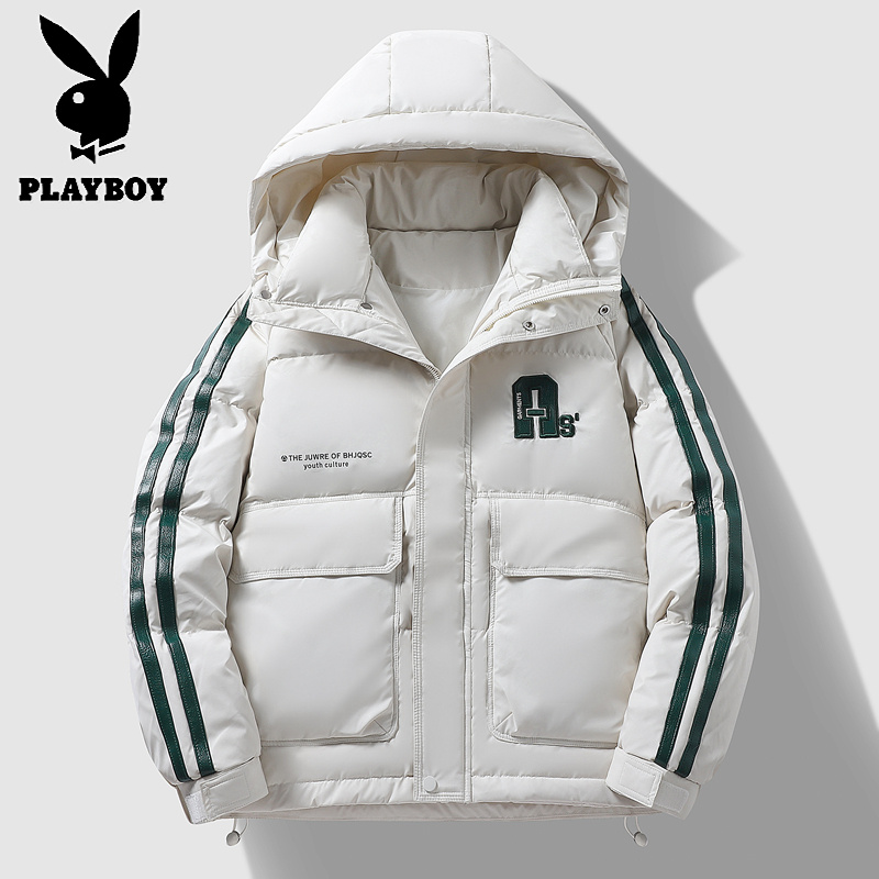 花花公子新款冬季羽绒开衫外套压花连帽不可脱卸羽绒服刺锈撞色男_519高清大图