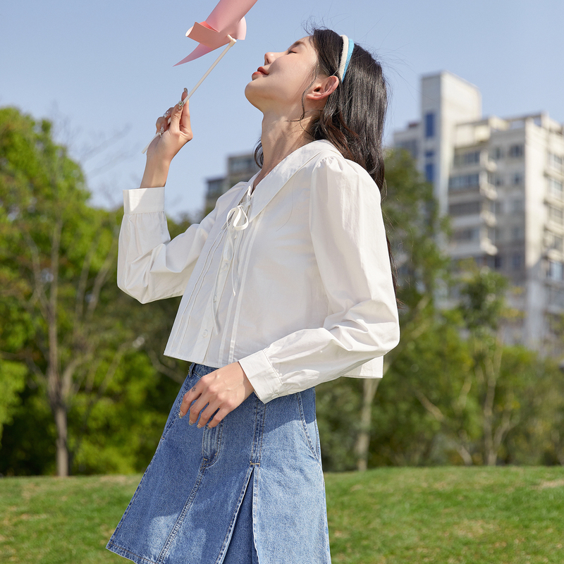 [3件8.5折93.4元]唐狮春季新款白色衬衫女绑带设计感短款上衣韩系气质学院风