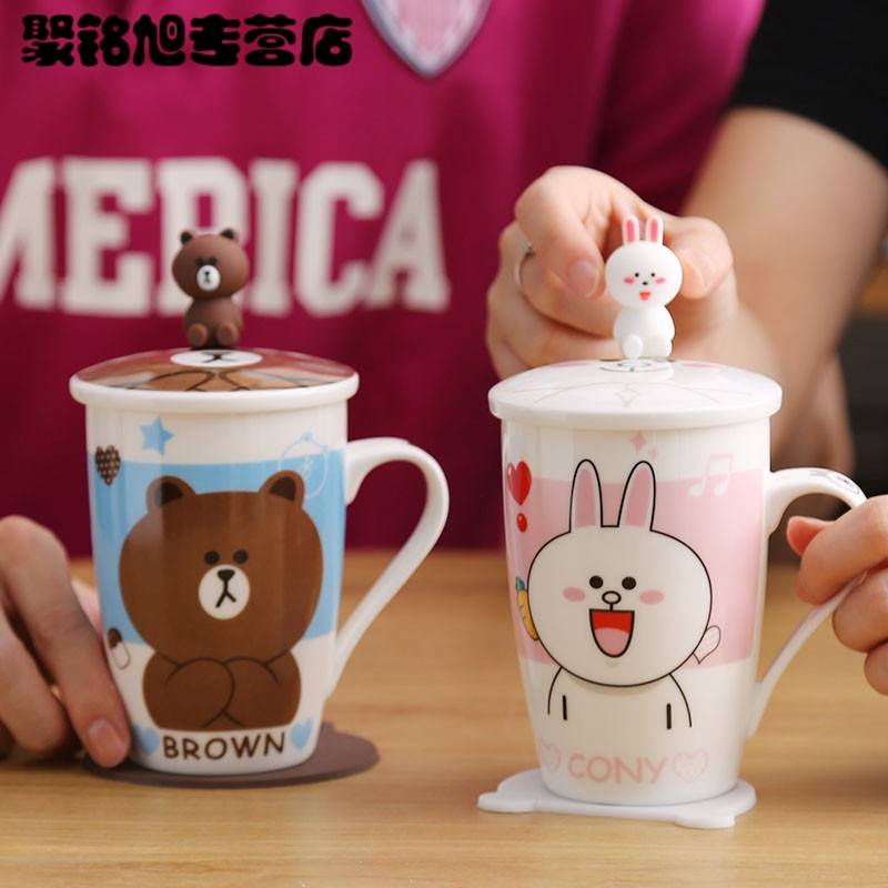 2017年新款创意陶瓷杯子马克杯情侣水杯咖啡杯牛奶杯儿童卡通杯早餐杯带盖勺马克杯牛奶杯夏季新款杯子潮