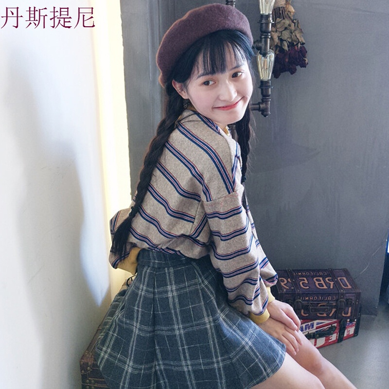 学院风少女泡泡袖条纹卫衣半身裙闺蜜套装学生姐妹两件套蓝条纹卫衣+半身裙
