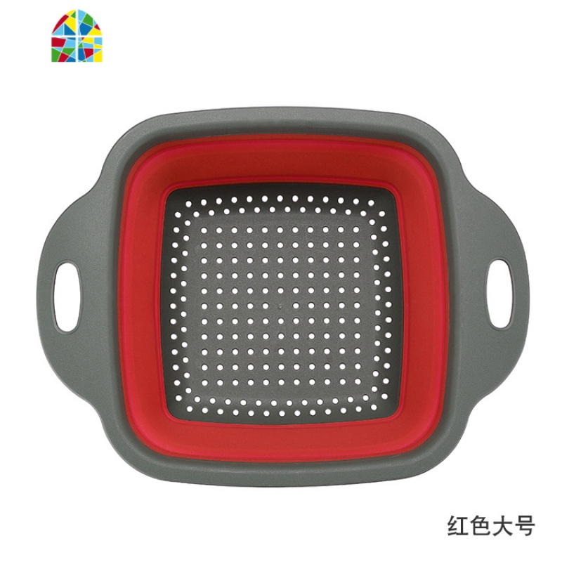 折叠长方圆形伸缩果蔬篮水洗菜盆硅胶滤水篮家用厨房工具 FENGHOU 方形红色大号洗菜篮洗菜篮高清大图