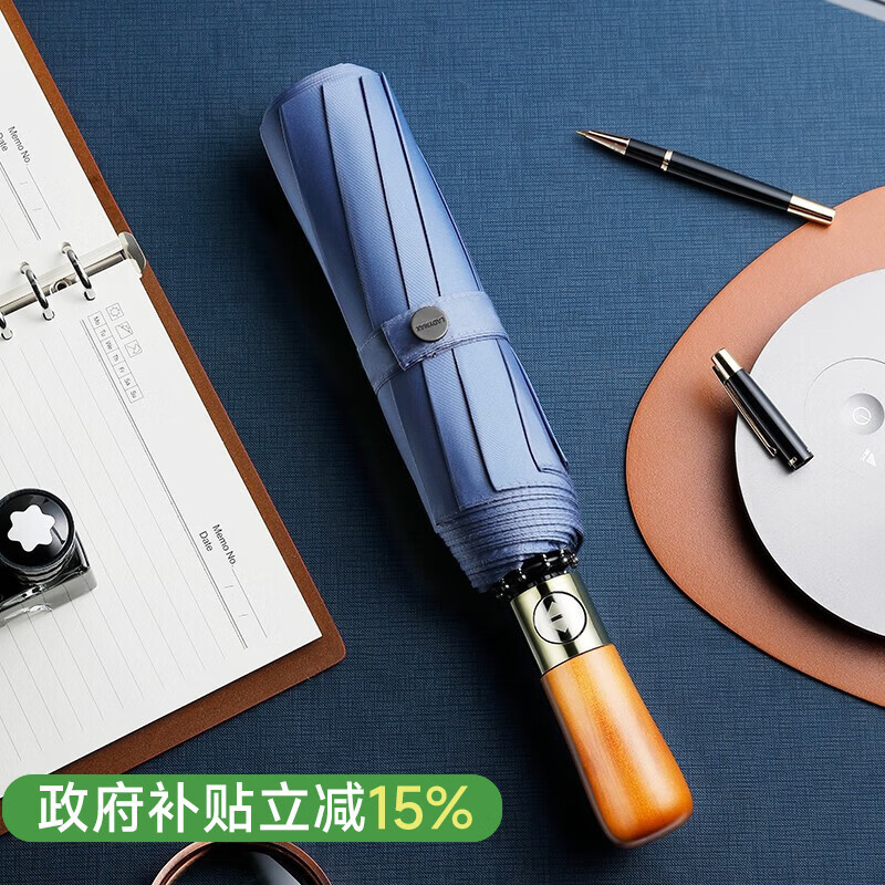 左都 10骨圆木柄伞 全自动-睿智蓝