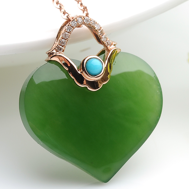 和田玉碧玉坠心形挂件女款玉石项链坠饰品带证书送女朋友七夕情人节