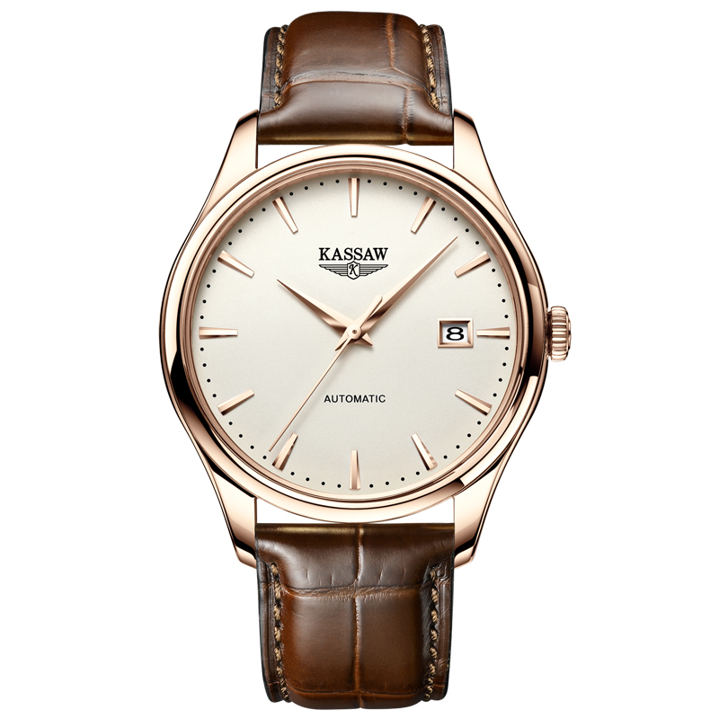 卡梭(KASSAW)手表男士自动机械表男表时尚商务潮流休闲日历男士机械表皮带蝴蝶扣男表K861G 间金白面