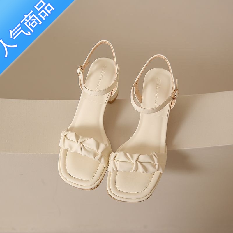 SUNTEK真软皮包头凉鞋女2023新款法式仙女风罗马小众粗跟一字带时尚女鞋高清大图