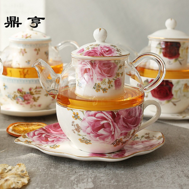 鼎亨单人茶具 下午红茶杯碟套装 陶瓷玻璃花茶茶具 欧式创意咖啡