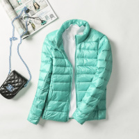 女式简约羽绒纯色女立领女装轻薄款羽绒服女士加大码 4XL 豆绿