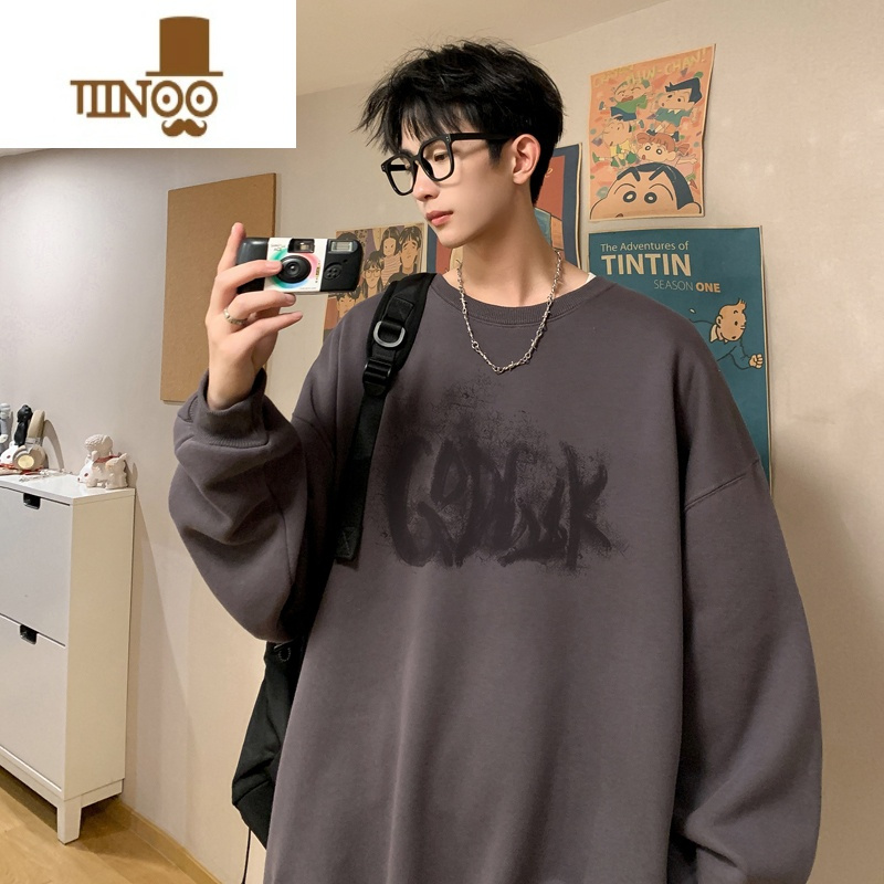 YANXU圆领卫衣男美式高街秋季上衣服慵懒chic潮流oversize百搭外套