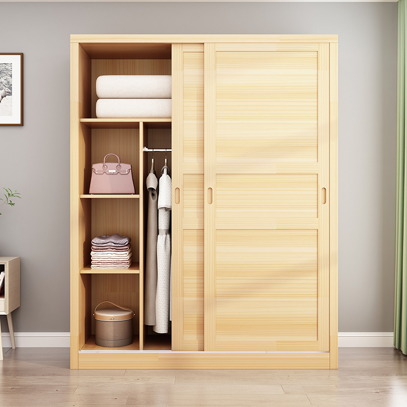 全实木衣柜家用卧室儿童柜松木结实耐用推拉门原木简易挂衣橱定制