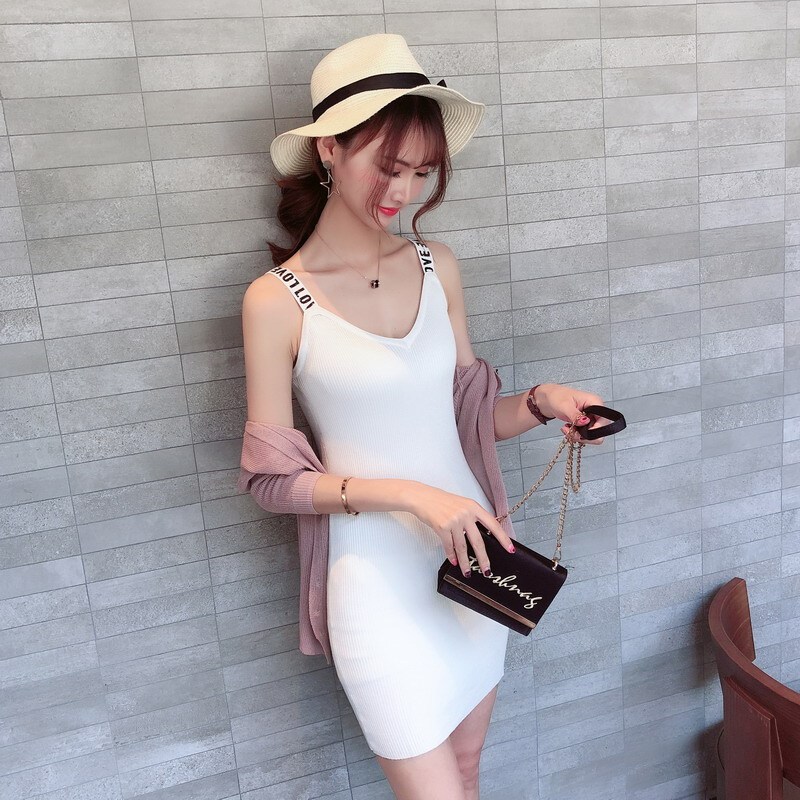 带背心女夏外穿中长款内搭无袖连衣裙针织打底裙修身性感包臀裙白色均码