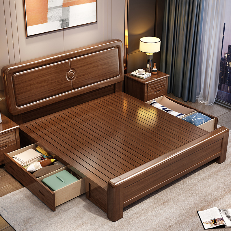 欧梵森 中式床实木床双人床1.8米床1.5m床现代简约卧室主卧大床轻奢气压储物高箱现代婚床实木家具床胡桃木床 胡桃木床+20cm乳胶床垫+床头柜*1 1.8米*2米箱框结构
