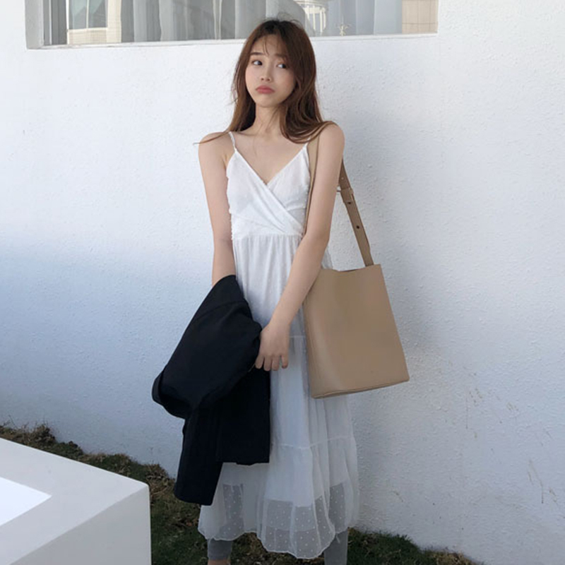 夏季新款chic韩风温柔度假风沙滩海边V领带背心裙长裙连衣裙女