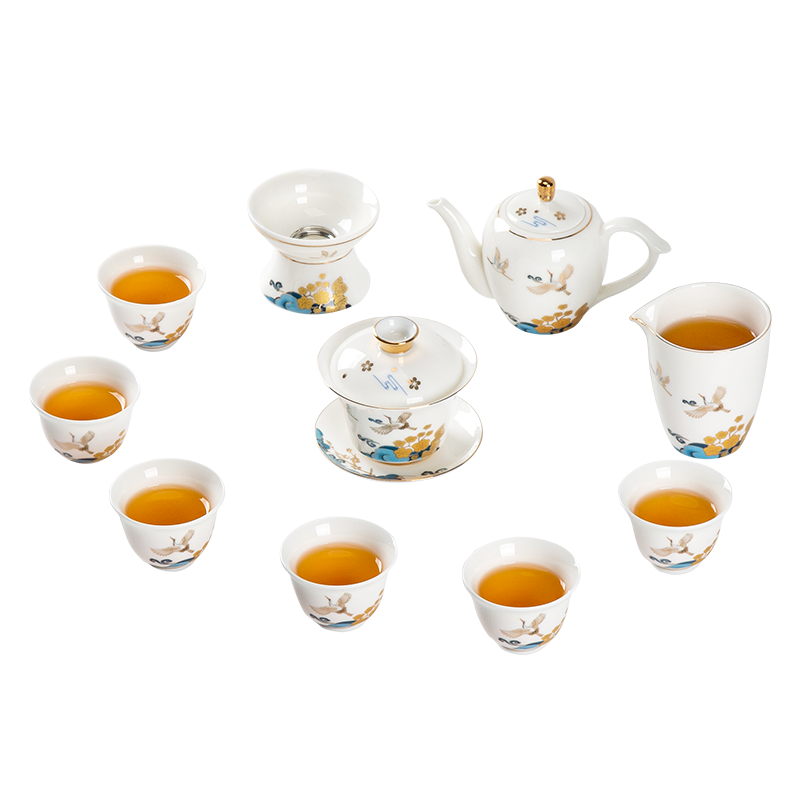 金镶玉 [国潮来袭]功夫茶具套装 中国白羊脂玉瓷家用陶瓷茶壶盖碗茶杯公道杯送礼礼盒装 花间云鹤羊脂玉瓷套装